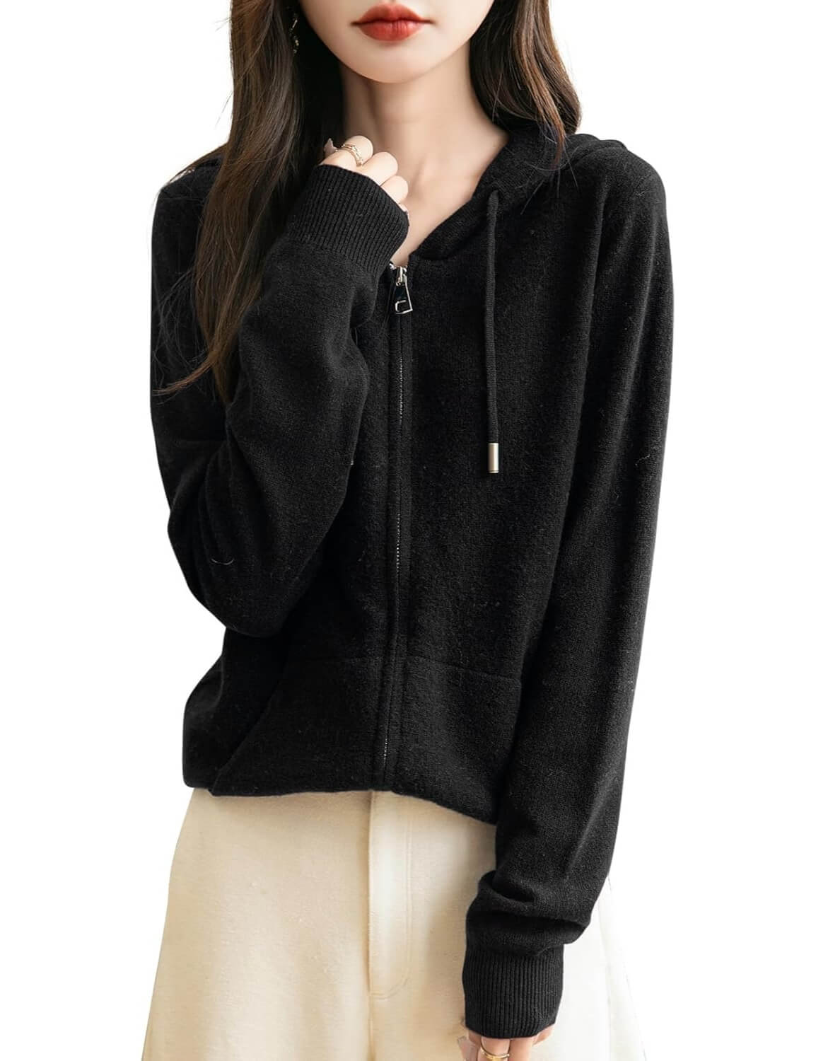 Women's warm merino wool zip up hooded cardigan with pockets in black