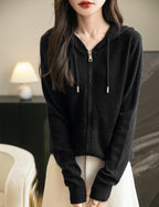 Women's warm merino wool zip up hooded cardigan with pockets