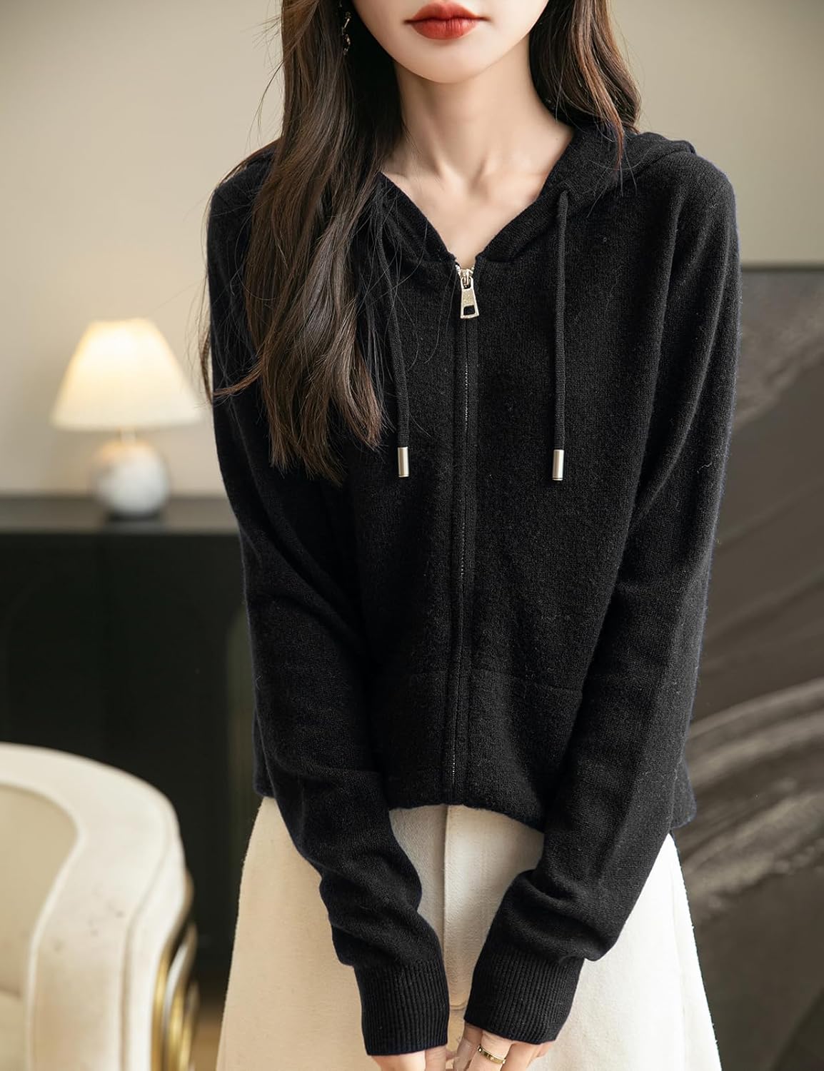 Women's warm merino wool zip up hooded cardigan with pockets