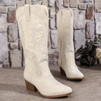 Western cowboy mid-calf boots with block heel in white