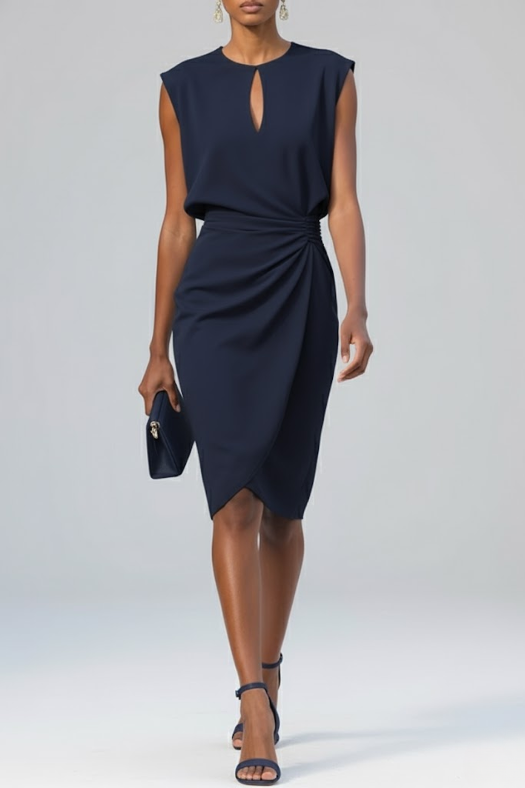Cocktail Midi Dress Keyhole Neck Ruched Waist