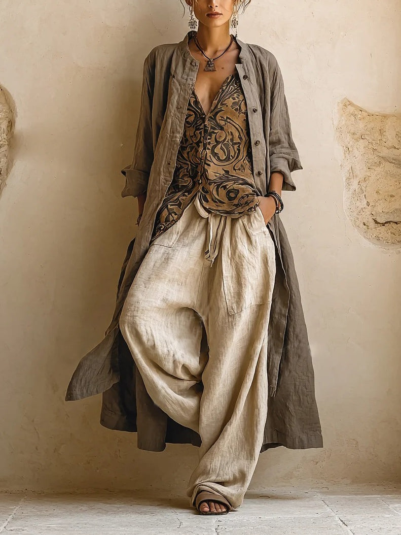 Three-piece cotton linen set with wide-leg pants