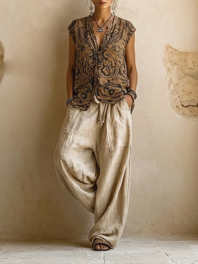 Three-piece cotton linen set with wide-leg pants