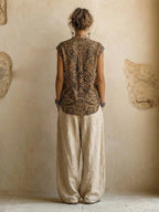 Three-piece cotton linen set with wide-leg pants