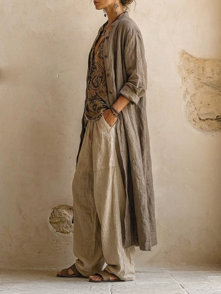 Three-piece cotton linen set with wide-leg pants