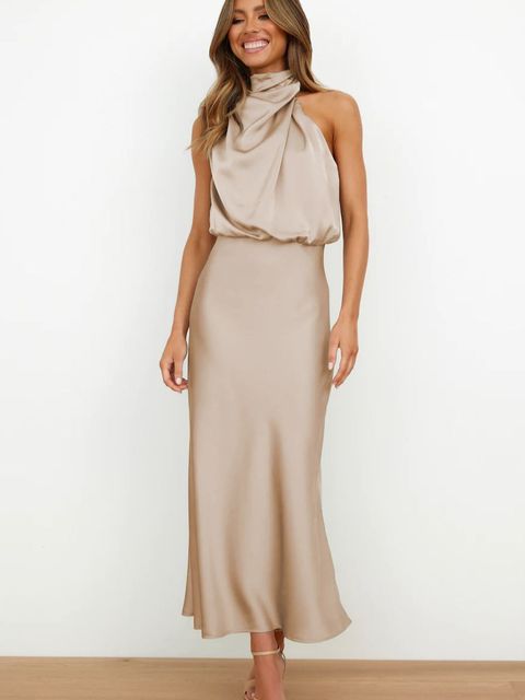 Satin Halter Neck Bodycon Maxi Dress