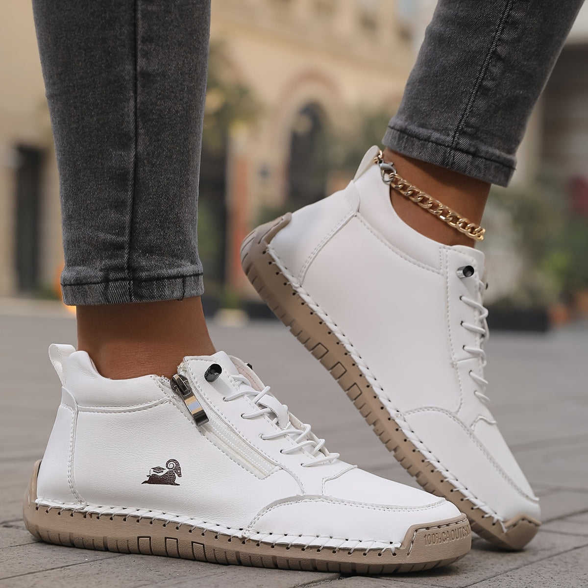 Women's arch support lace up ankle sneakers with wide toe box in white