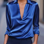 Draped neck long sleeve blouse in blue