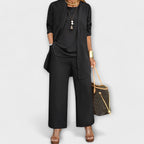 Three-piece top and wide-leg pants set in black
