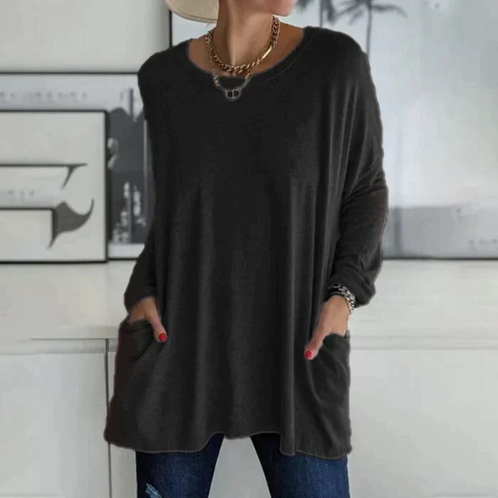 Casual oversized long sleeve tunic top with pockets in black