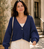 Cropped chunky knit cardigan sweater in navy