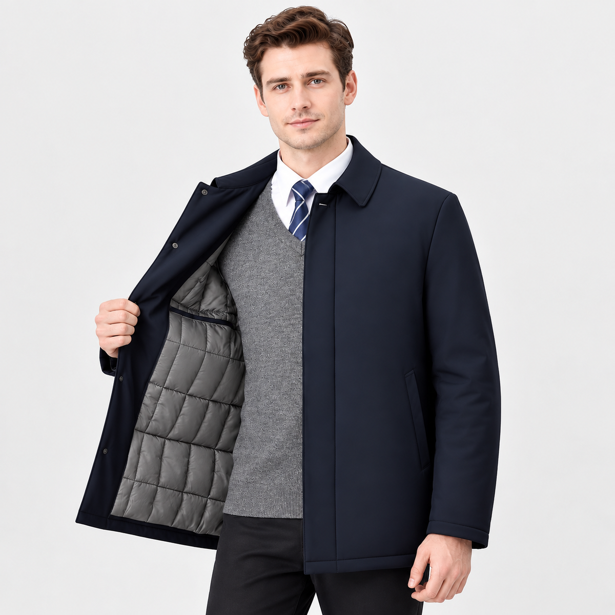 Lined lapel collar winter jacket in navy blue