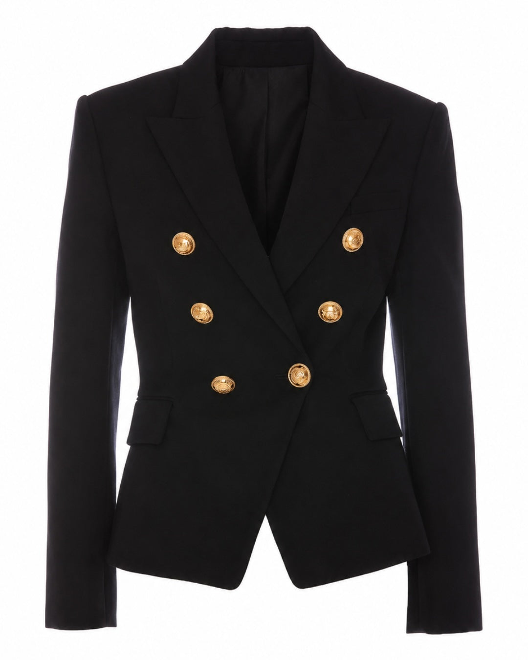Tailored double breasted gold button blazer in black