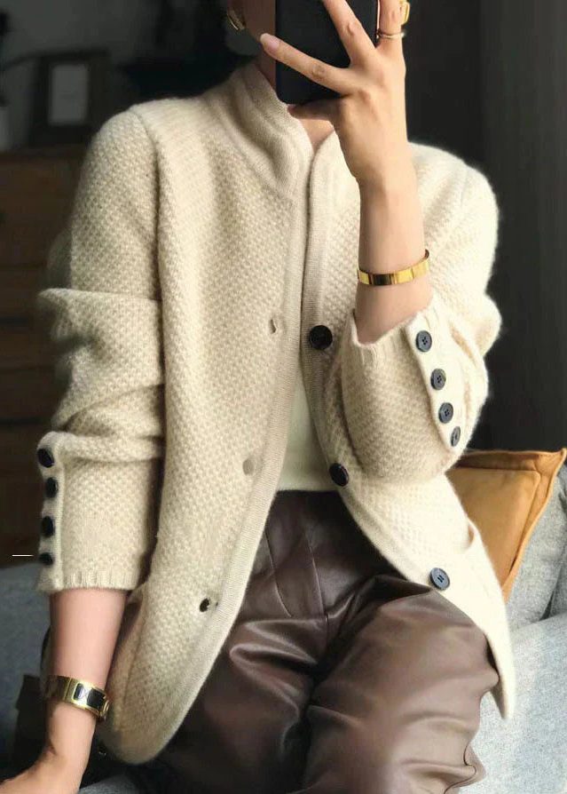 Ribbed cashmere stand collar button front cardigan