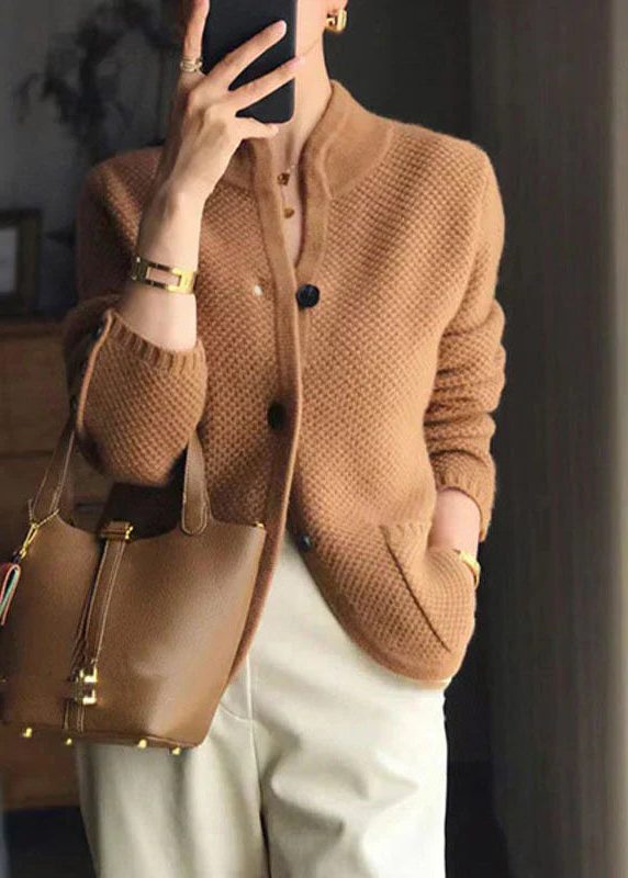 Ribbed cashmere stand collar button front cardigan in camel
