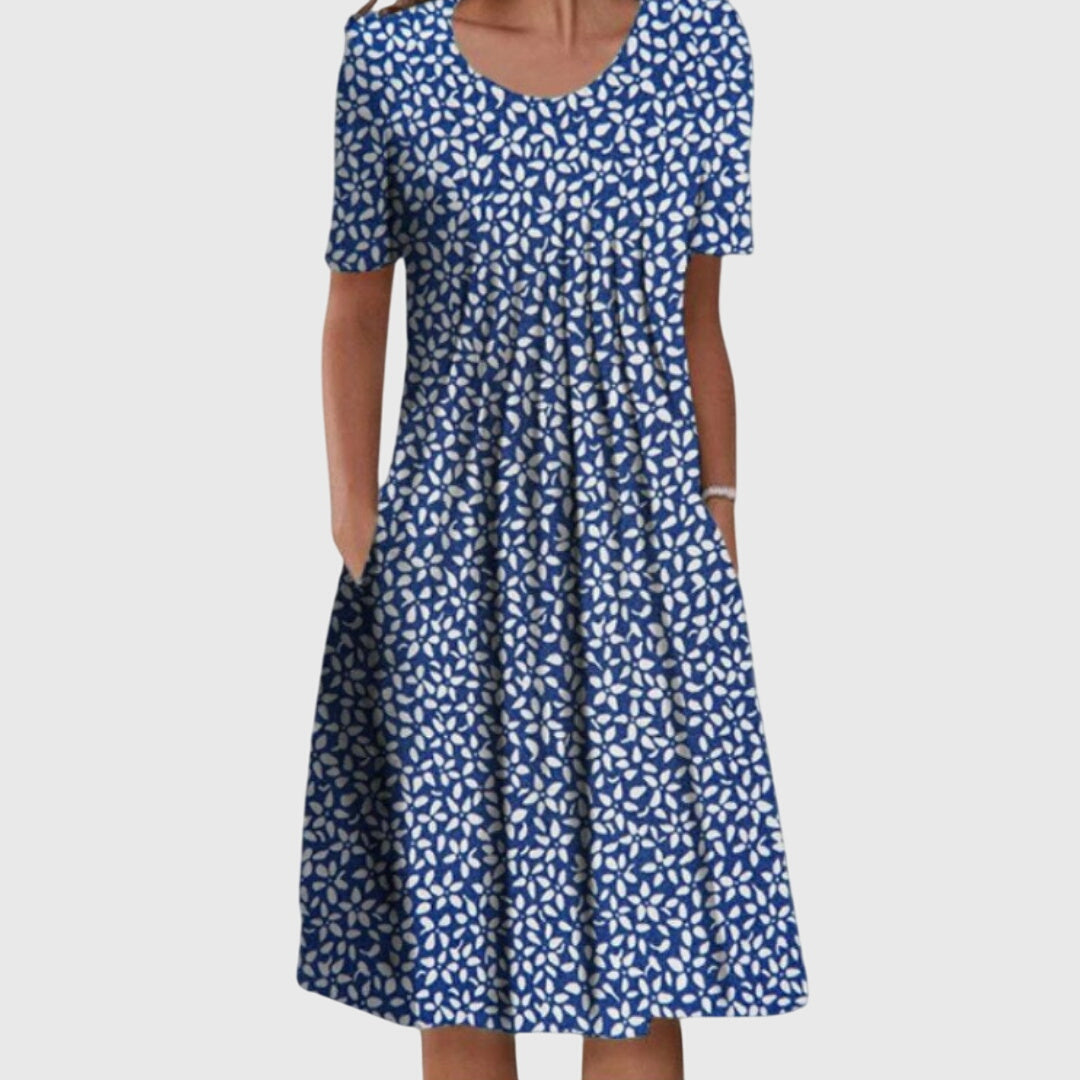 Elegant round neck layered printed dress in blue