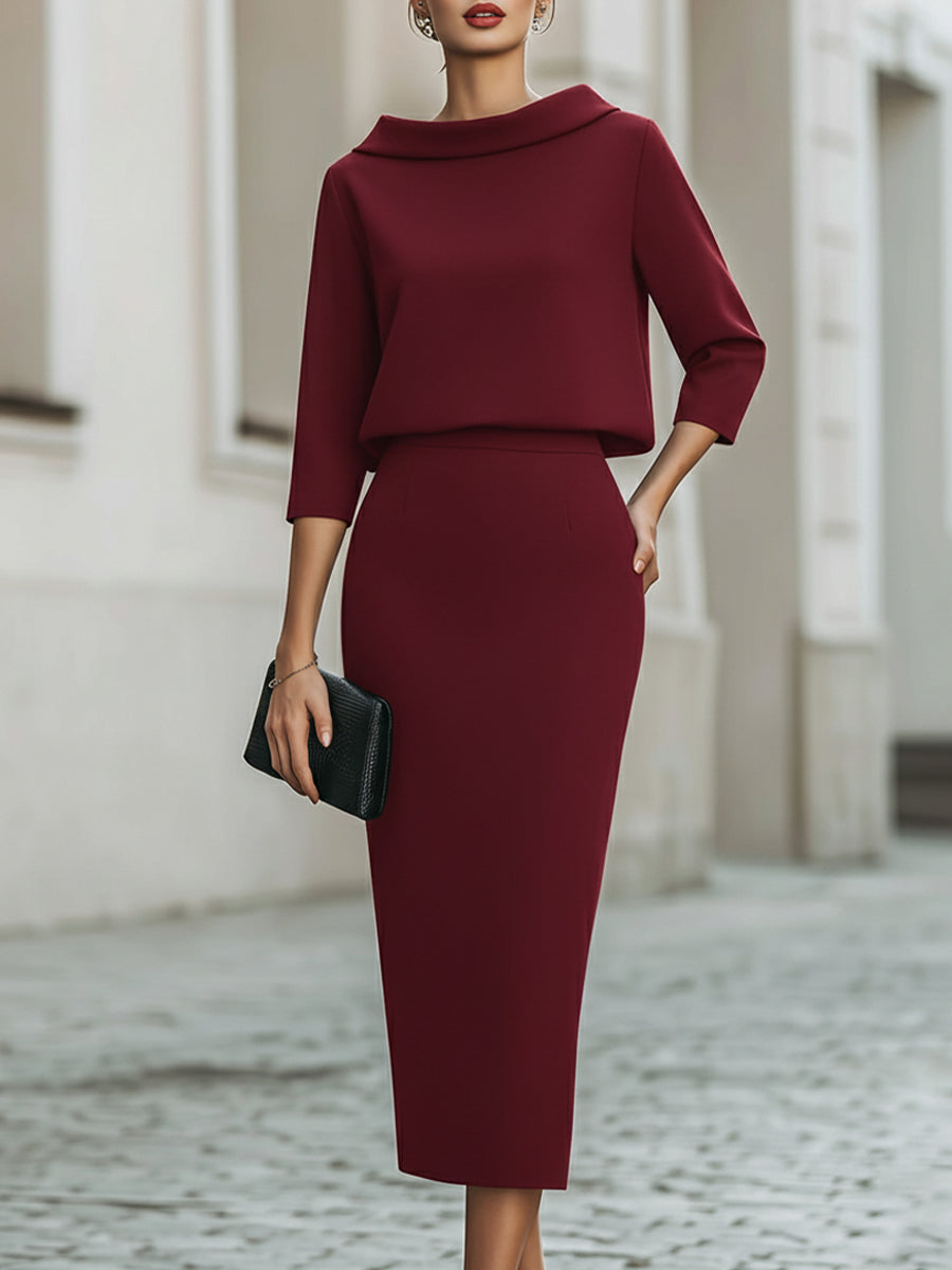 Boat Neck Top High-Waist Midi Skirt Set