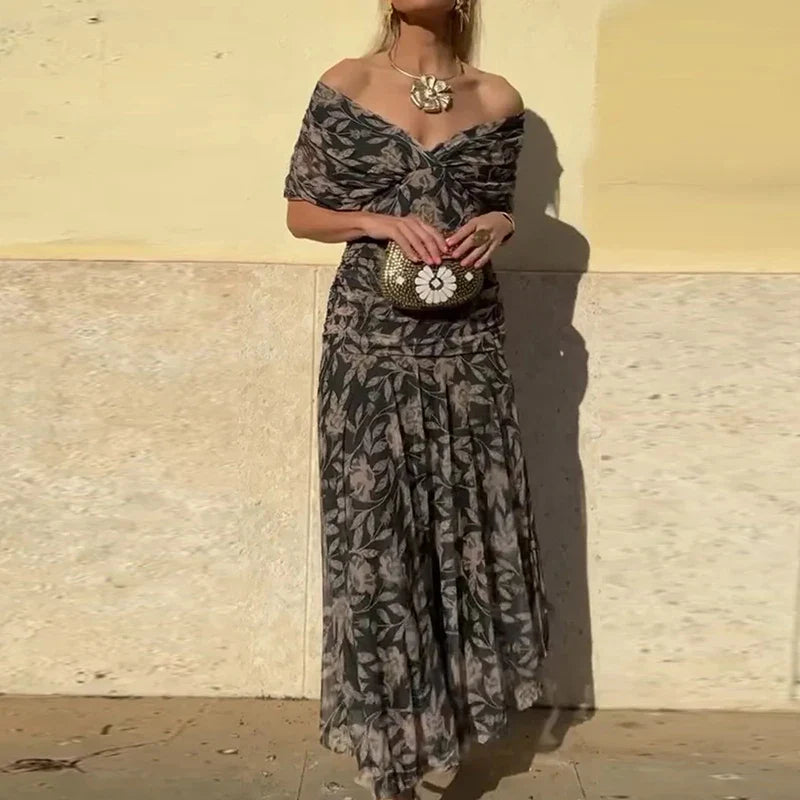 Women's Wedding Guest Off-Shoulder Floral Maxi Dress
