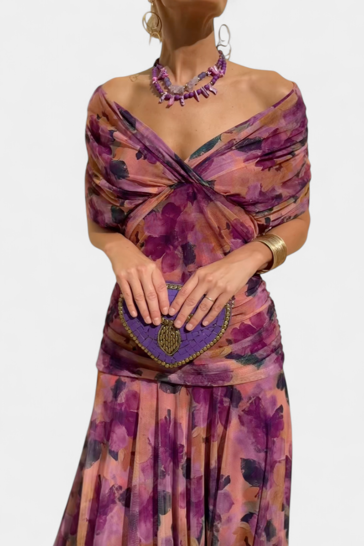 Women's Wedding Guest Off-Shoulder Floral Maxi Dress