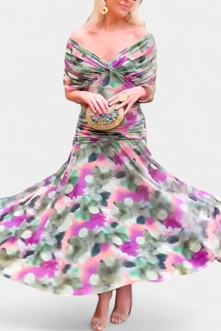 Women's Wedding Guest Off-Shoulder Floral Maxi Dress