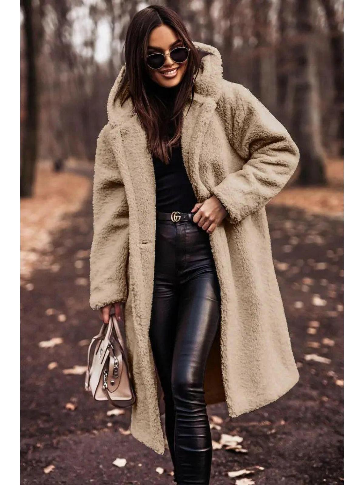 Women's hooded knee length winter coat in beige