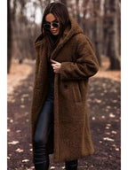 Women's hooded knee length winter coat in brown