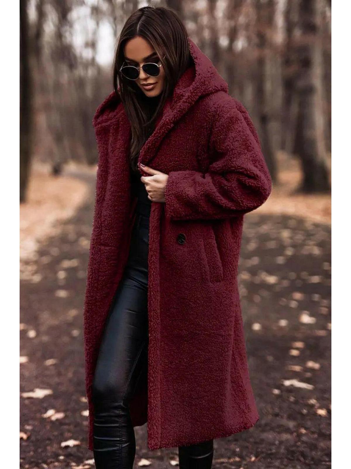 Women's hooded knee length winter coat in red