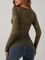 Women's Floral Lace Top V-Neck Long Sleeve