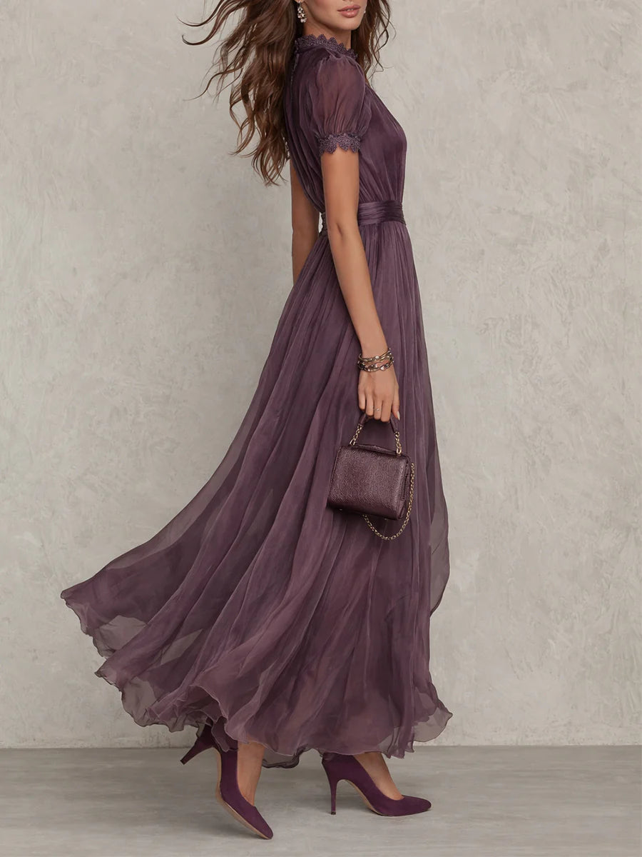 Women's elegant flowing pleated high neck maxi dress
