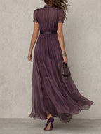 Women's elegant flowing pleated high neck maxi dress