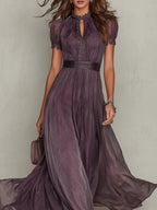 Women's elegant flowing pleated high neck maxi dress