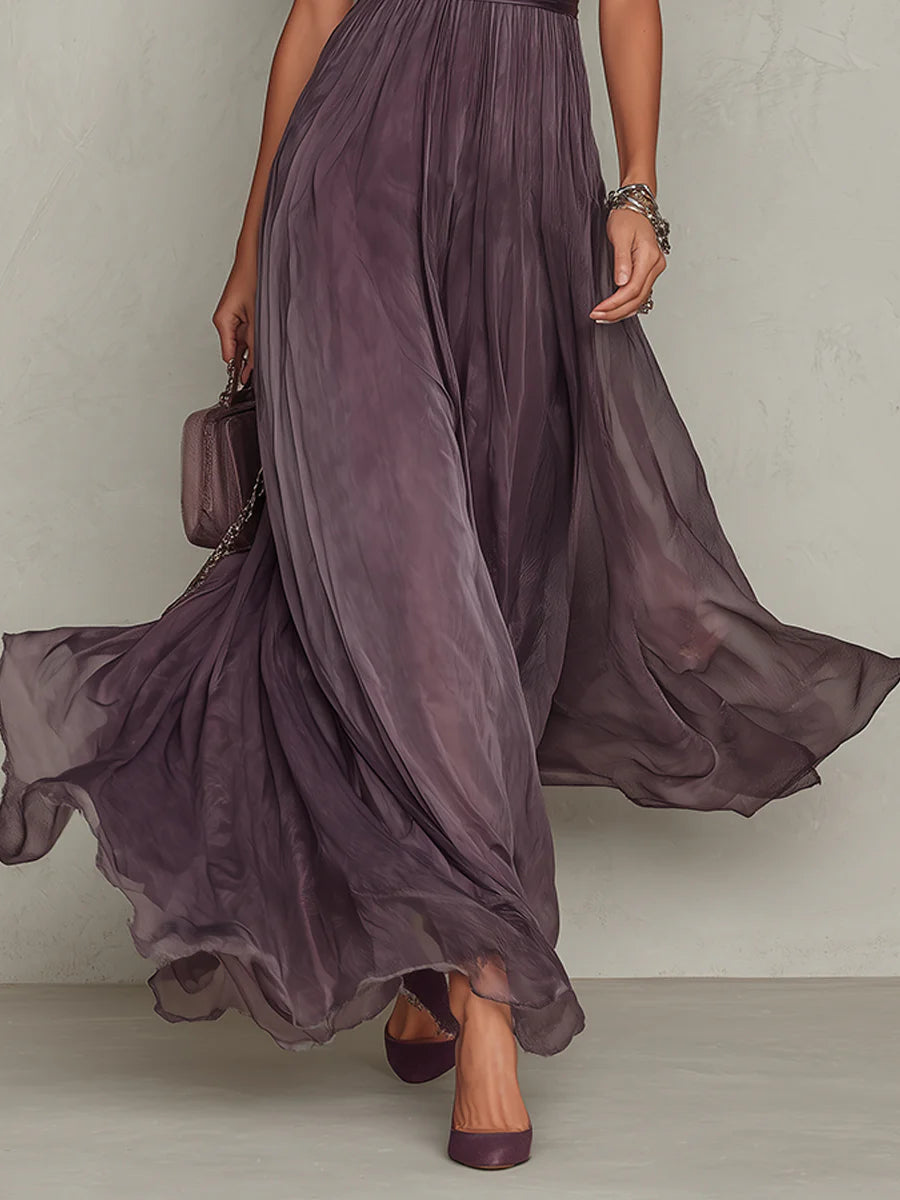 Women's elegant flowing pleated high neck maxi dress