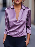 Draped neck long sleeve blouse in purple