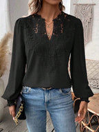 Women's elegant Swiss dot lace puff sleeve blouse in black