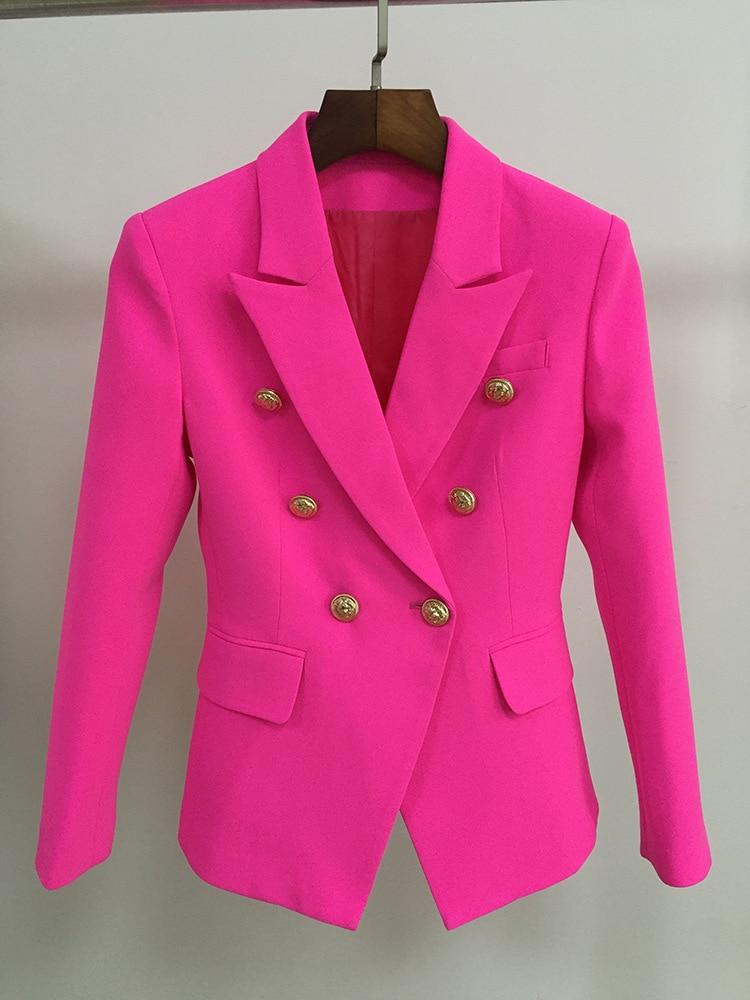 Tailored double breasted gold button blazer in neon pink