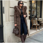 Warm longline puffer winter coat with faux fur hood in brown