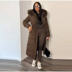 Warm longline puffer winter coat with faux fur hood
