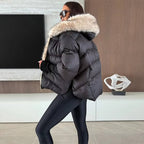 Warm longline puffer winter coat with faux fur hood