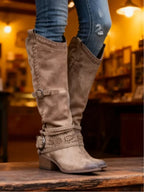Women's elegant knee high buckle strap boots with side zip