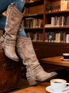 Women's elegant knee high buckle strap boots with side zip