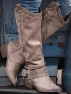 Women's elegant knee high buckle strap boots with side zip