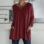 Casual oversized long sleeve tunic top with pockets in burgundy