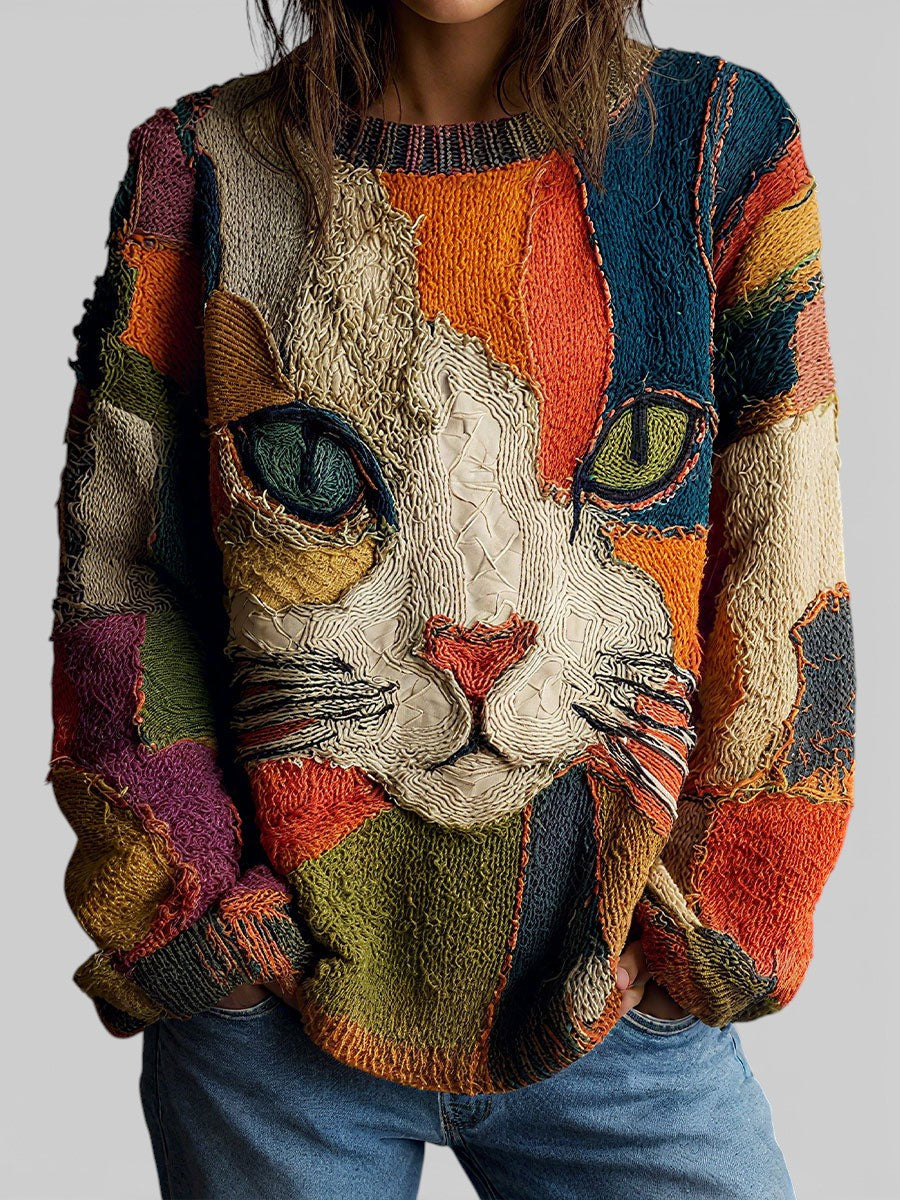 Women's adorable cat patchwork knit sweater