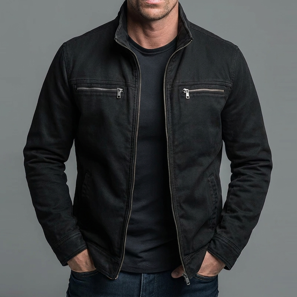 Men's vintage style washed cotton zip up jacket in black