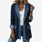 Women's knit autumn jacket with layered collar and buttons in navy blue