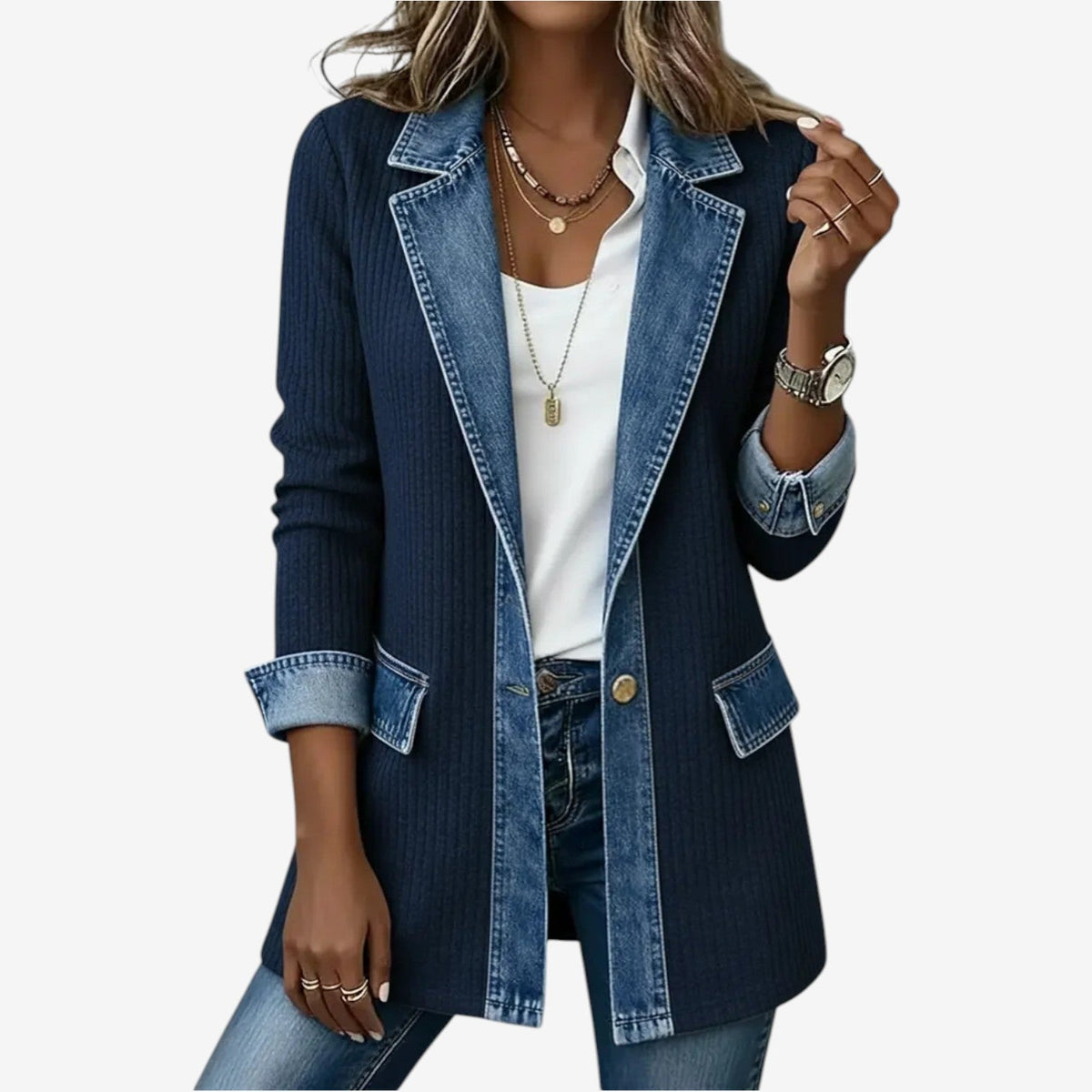 Women's knit autumn jacket with layered collar and buttons in navy blue