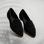 Women's pointed toe penny loafers with cushioned footbed in black