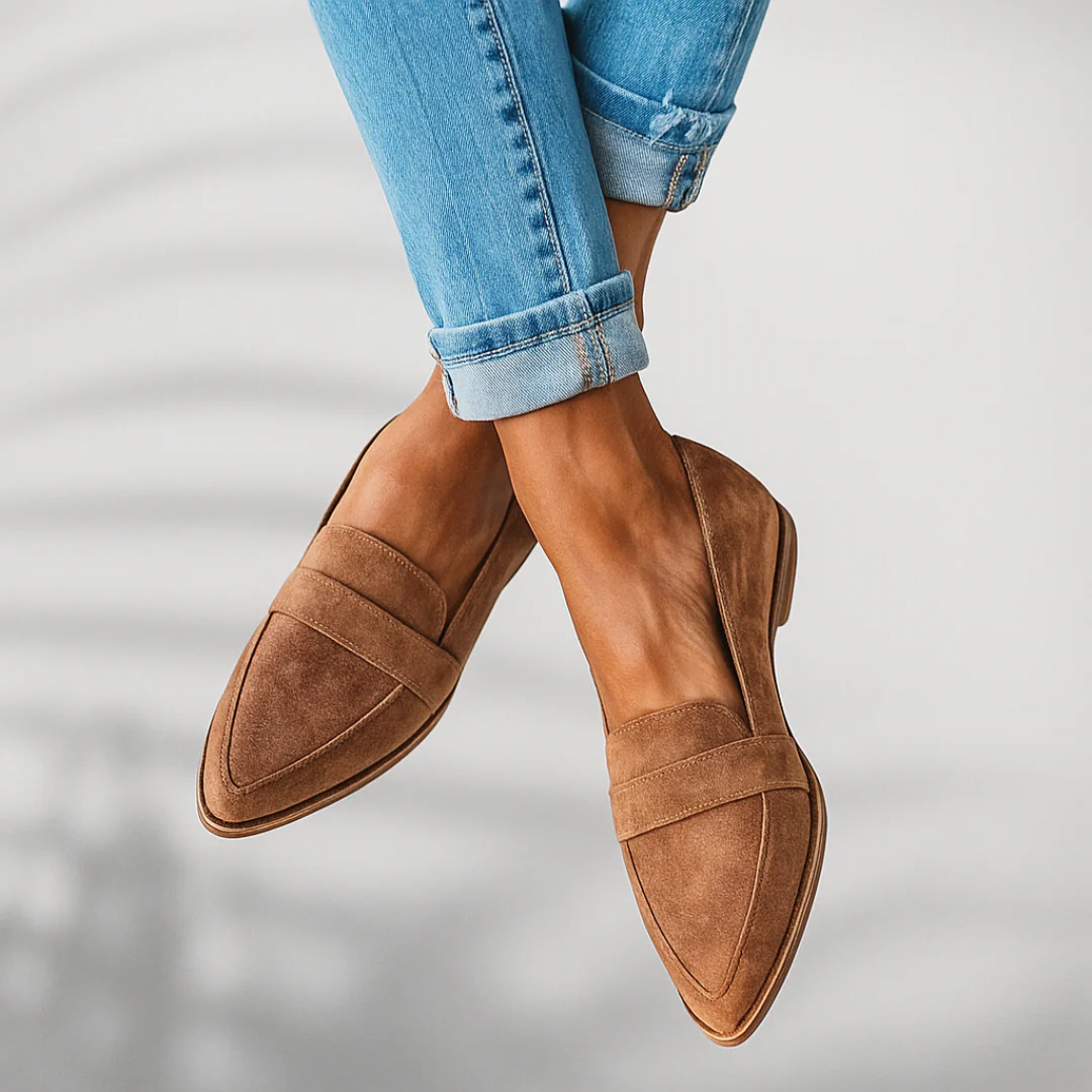 Women's pointed toe penny loafers with cushioned footbed in sandy beige