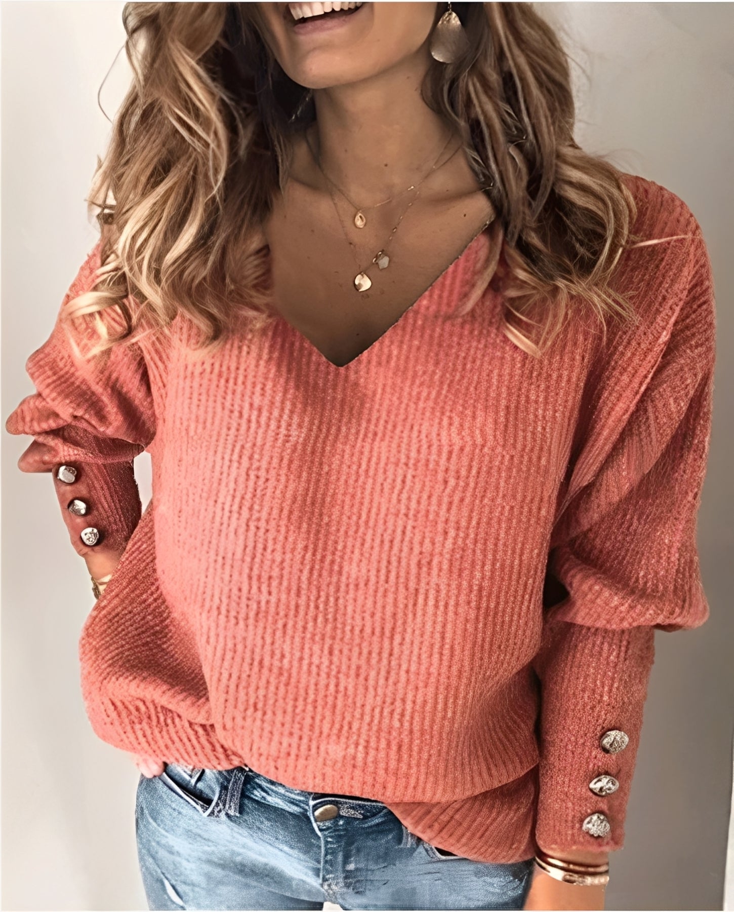 Ribbed Knit V-Neck Pullover