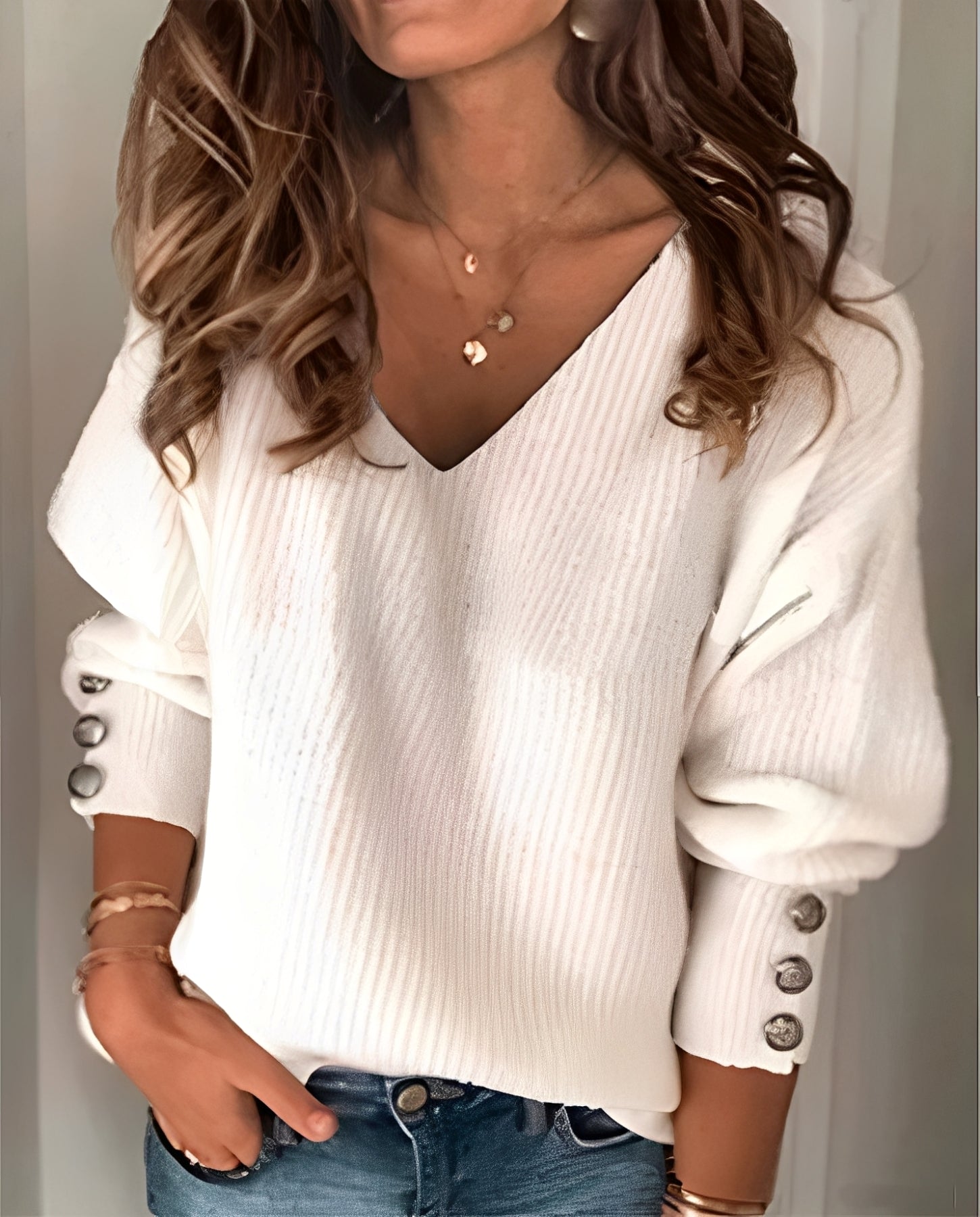 Ribbed Knit V-Neck Pullover